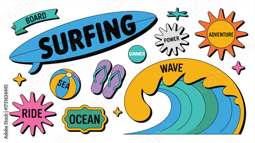 Playful Summer Beach Stickers Surfboard, Wave, FlipFlops, Ocean, Beach Ball and Fun Summer Elements