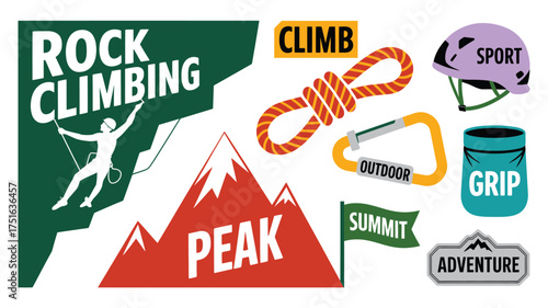 Rock Climbing Adventure Equipment, Mountain Peak, Sport Helmet, Rope, Summit, and Outdoor Grip Graphics