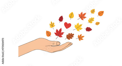 Flat vector illustration of a hand releasing colorful autumn leaves and a heart on Thanksgiving against a clean white background.