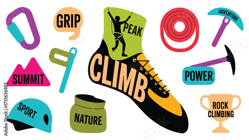 Rock Climbing Illustration Featuring Equipment, Carabiner, Helmet, Rope, Boot With Climbing Word, and Summit Mountain