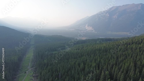 Cinematic footage over a mysterious, straight clearing in a mountain wilderness. The moody, atmospheric haze adds to the scale of the remote and expansive landscape.