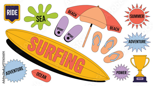 Surfboard, Beach Umbrella, Sandals, and Adventure Graphics on a White Background Collage