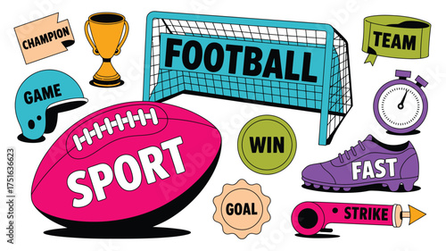 Vibrant Football Sports Elements Ball, Goal, Trophy, Helmet, Shoe, Win, Champion Illustration on White