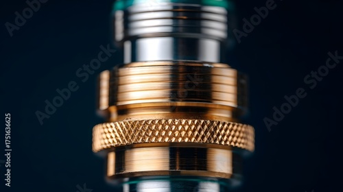 ro view of shiny brass and silver industrial fittings showcasing intricate knurled textures and threaded connections against a dark studio backdrop