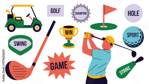 Vibrant Golf Illustration Golfer Swinging, Cart, Trophy, and Golf Course Elements