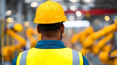 Worker in hard hat and safety vest observes automated robotic arms in a modern factory