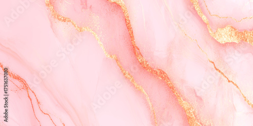 Pink marble texture with elegant golden veins flowing smoothly across the surface, The design blends soft blush and rose hues with shimmering metallic gold highlights.