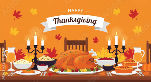 Flat vector illustration of a traditional Thanksgiving dinner setup with roasted turkey, candelabras, and fall leaves on a wooden table against an orange background with a Happy
