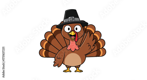 Flat vector illustration of a cartoon turkey wearing a pilgrim hat on a plain white background for Thanksgiving celebration.