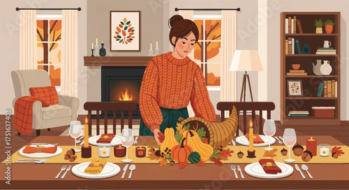 A woman prepares a festive Thanksgiving dinner table with a cornucopia and various dishes in a cozy living room with a fireplace and warm lighting.