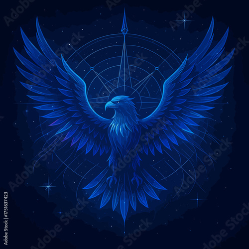 Mystical Blue Eagle with Celestial Compass and Cosmic Background - A Symbol of Guidance and Power