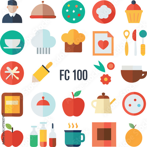 Collection of diverse food and beverage icons representing culinary arts cooking and restaurant service in a flat design style