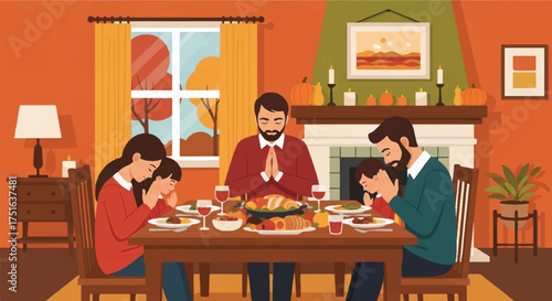 Flat vector illustration of a family gathered around a table for thanksgiving dinner in a cozy home with warm colors and a traditional meal setup.