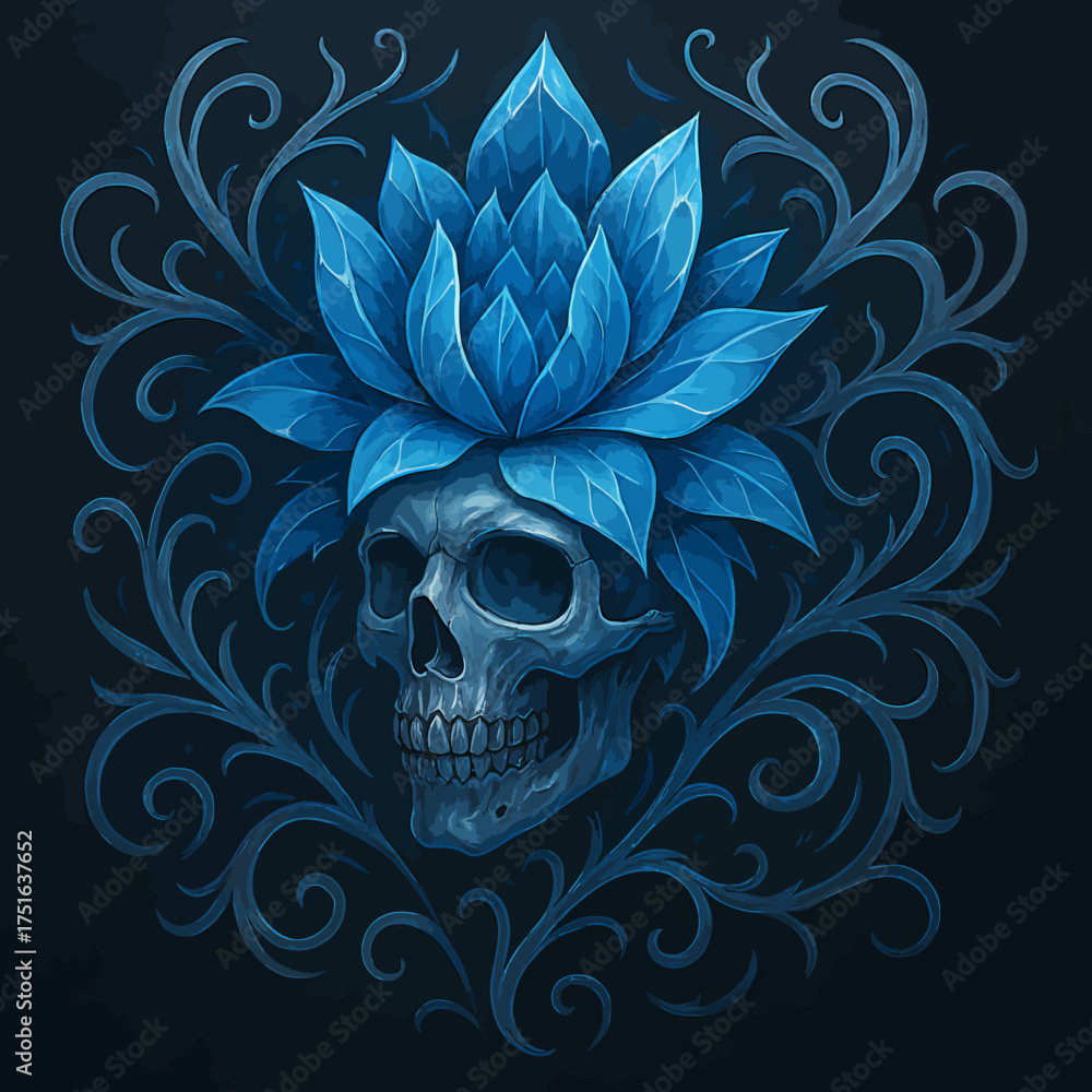 Fototapeta premium Elegant Skull Adorned with Blue Flower Crown and Intricate Swirls Dark Art Concept
