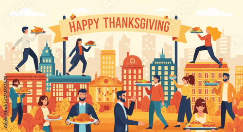 Flat vector illustration of people celebrating Happy Thanksgiving in a cityscape with a banner and buildings in warm colors.