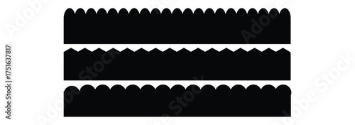 Scalloped edge seamless set. borders and dividers. Simple scalloped border. Repeat cute vintage frill ornament. Texture ribbons. stripe, tape collection isolated on white background.