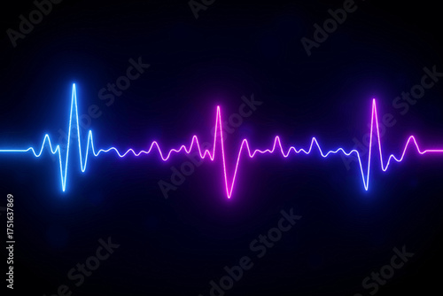 Vibrant neon light wave abstract, depicting energetic blue and pink pulse frequency. A dynamic digital rhythm visualization for modern technology and scientific data concepts