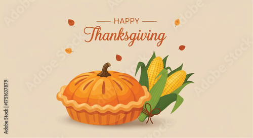 Digital illustration of a traditional Thanksgiving pumpkin pie with 'Happy Thanksgiving' text on a beige background, featuring fall leaves and a corn stalk.