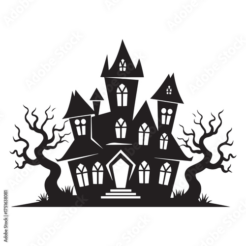 A spooky silhouette of a haunted house with bare trees nearby