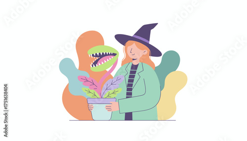 Smiling witch holding a quirky potted carnivorous plant Halloween magic and fantasy theme