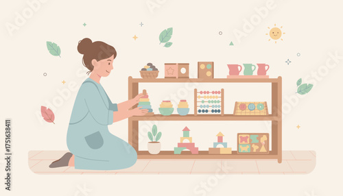 Smiling woman organizing colorful educational toys on a shelf in a nurturing learning environment
