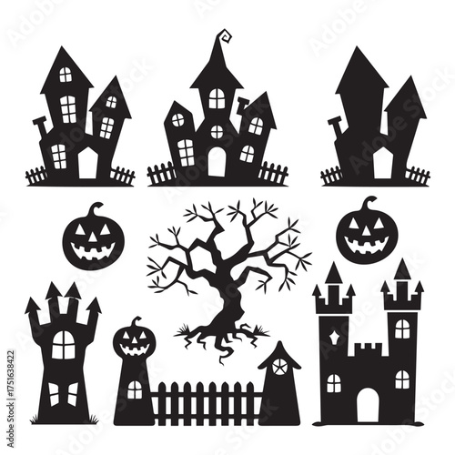 A collection of spooky silhouettes featuring haunted houses and halloween elements