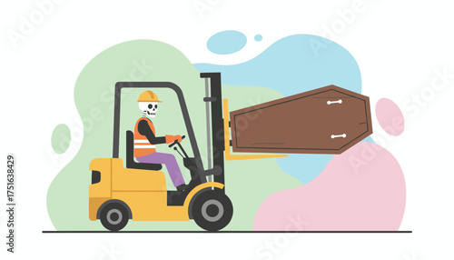 Skeleton in hard hat drives forklift carrying a coffin Halloween or death concept industrial humor