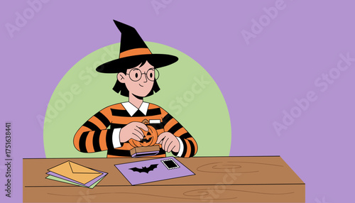 Young person in witch hat joyfully stamps Halloween invitations with pumpkin bat designs Festive