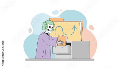 Skeleton judge filing legal documents symbolizing longterm justice bureaucracy and business growth