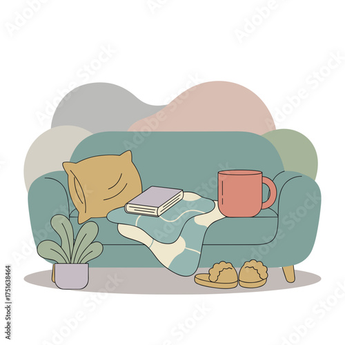 Cozy living room scene with sofa book and mug perfect for relaxation and home comfort
