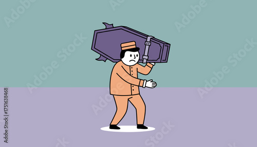 Uniformed person with sad expression carrying a heavy coffin symbolizing burden or difficult service