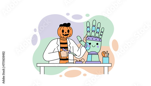 Pumpkinheaded scientist soldering a cute robotic hand merging innovation with festive Halloween fun