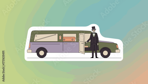 Hearse with coffin and urn attended by skeletal figure Mortuary funeral death services concept