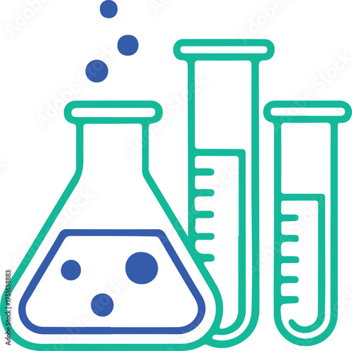  Lab Test Tubes and Conical Flask. Science Equipment Vector for Chemistry Research, Chemical Reaction, Medical Analysis, or Laboratory Experiment.