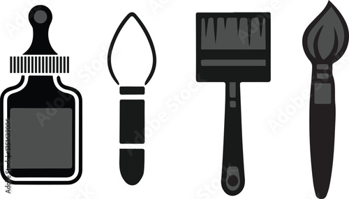 Art and Drawing Tools Graphic Set. Vector Symbols for Ink Bottle, Palette Knife, Flat Brush, and Round Paintbrush for Creative Design.