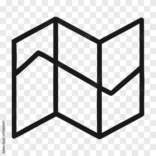 Abstract black line art depiction of an unfolded map with geometric folds and clear segments presented on a transparent background illustration drawing
