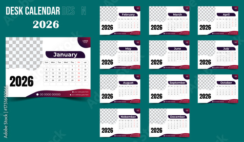 simple desk calendar 2026 with places for photo., Calendar Set for 2026 year. Desk Calendar Template 2026, 12 months included. 