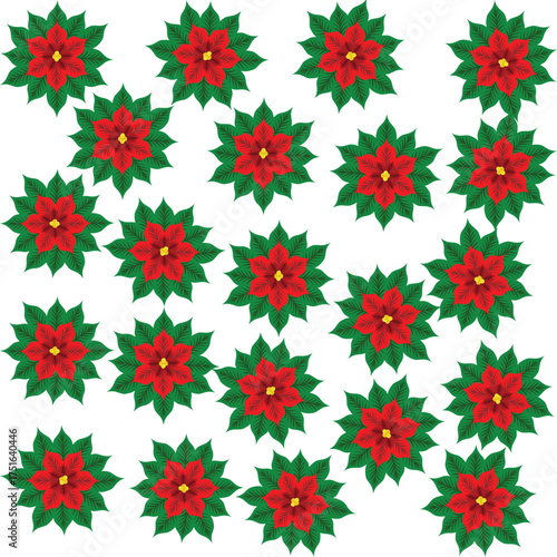 A pattern of vivid red flowers with deep green leaves on a white background, creating a bright, warm, and lively atmosphere.