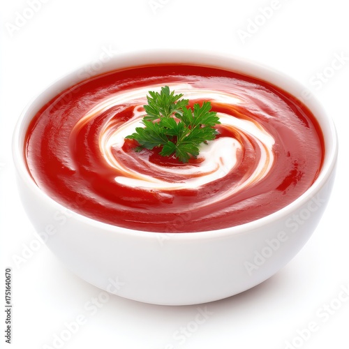 Wallpaper Mural Tomato soup in a small white bowl, viewed from the side, smooth rich red texture with cream and parsley garnish Torontodigital.ca