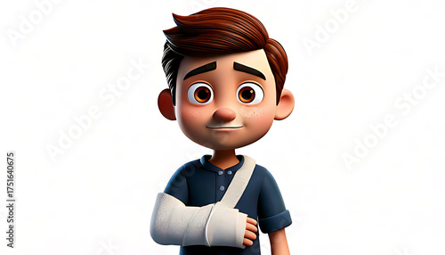 A sad 3D cartoon boy with brown hair and a broken arm in a white plaster cast and sling.
