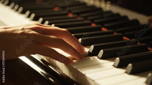 Hand gracefully playing piano keys creating melodious music in warm lighting