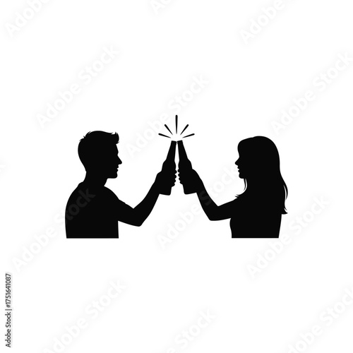 Man and woman silhouetted toasting with beer bottles