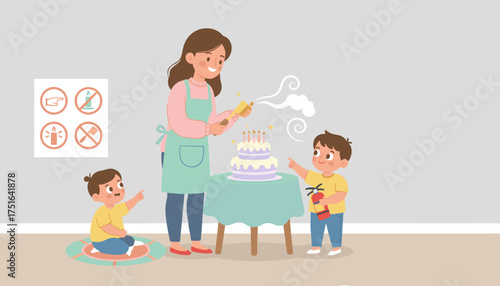 Mother lights birthday cake candles as kids watch promoting celebration and safety