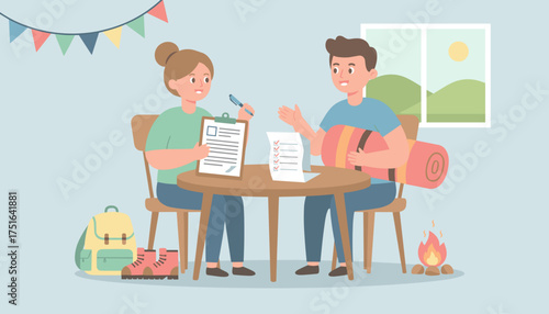 Couple planning outdoor adventure checking lists for camping trip essentials and gear