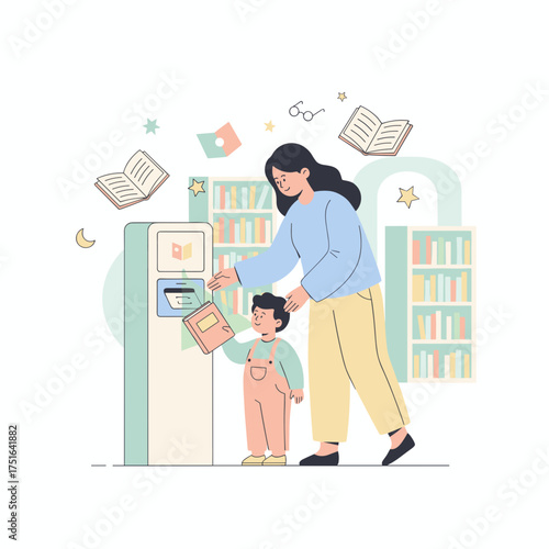 Mom and son checking out books at a library selfservice machine promoting education