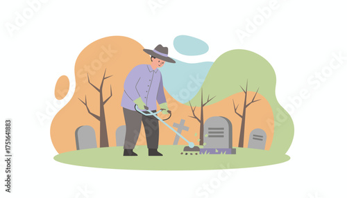 Graveyard worker trimming grass around tombstones Cemetery maintenance and care