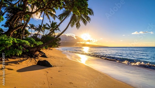 Fototapeta Naklejka Na Ścianę i Meble -  Tropical beach with palm trees, golden sand, and setting sun