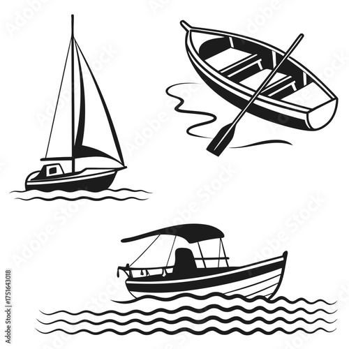 Vector art of three different types of boats, a sailboat, rowboat, motorboat