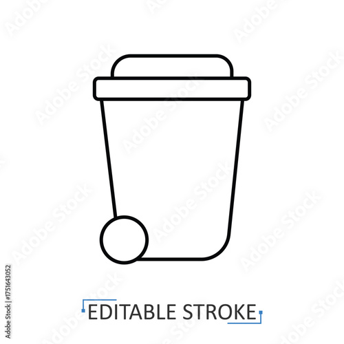 A wheeled trash can icon in a minimalist line style with editable stroke. Outdoor garbage bin, waste management, recycling symbol, street cleaning service, city rubbish container, ecology concept.