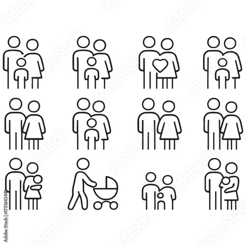 Family stroke outline icon set vector